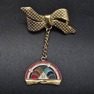 Rainbow Girls Charm Brooch Enamel Gold Tone Bow VIntage Masonic